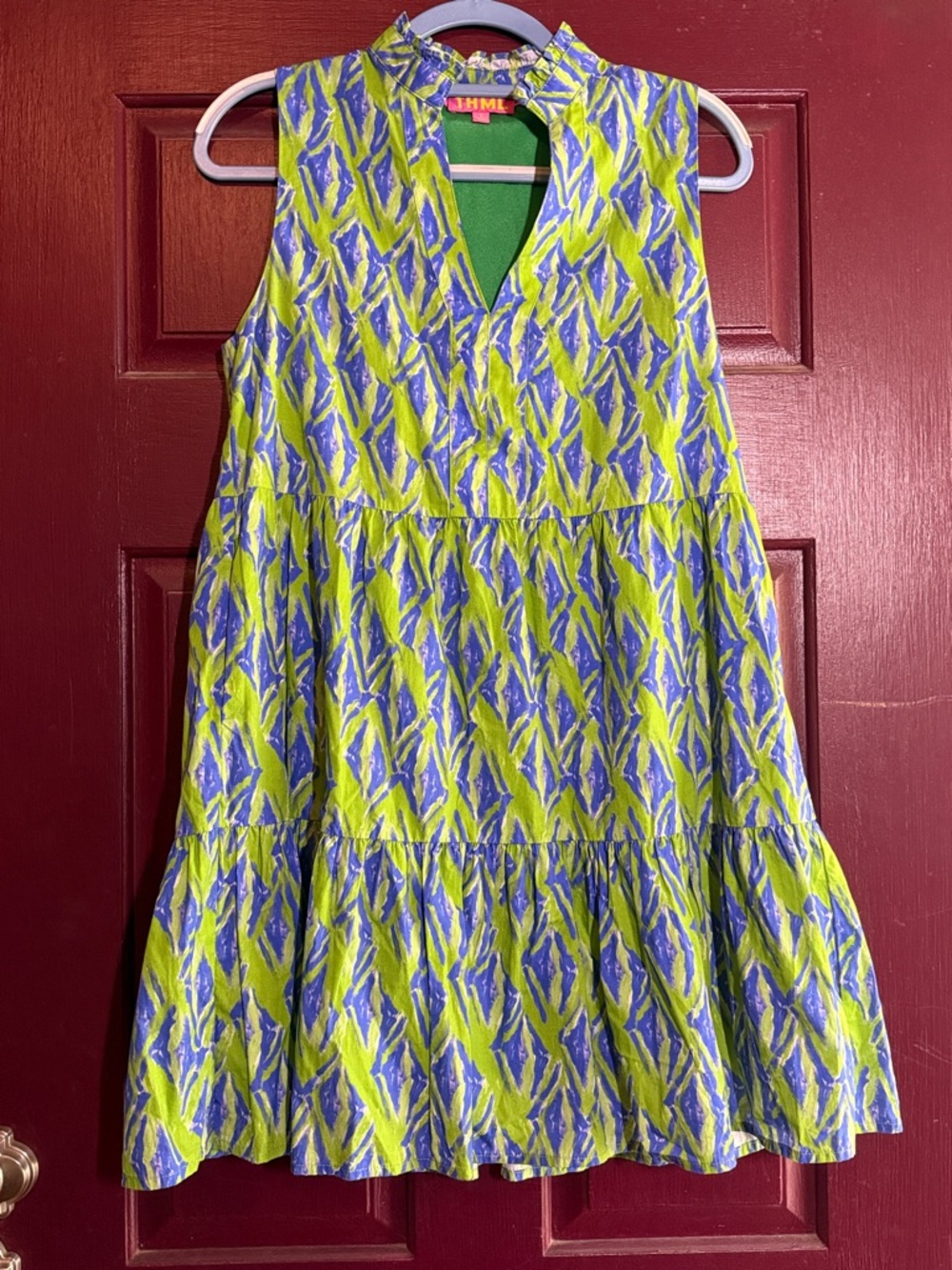 THML Colorful Sleeveless lined Tiered Shift Dress - Lime & Periwinkle Print